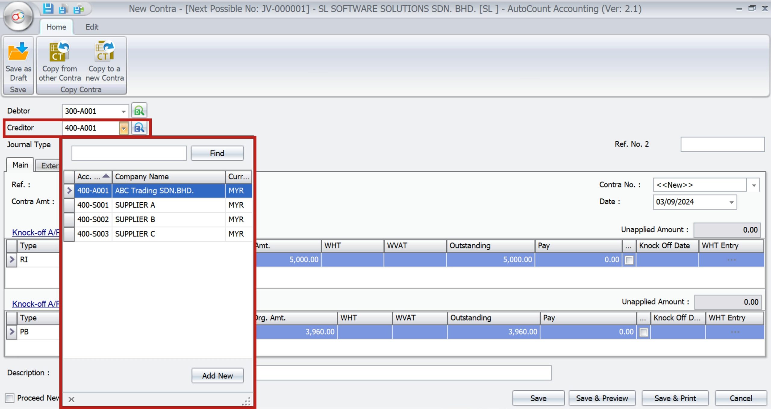 AutoCount Contra Account | creditor