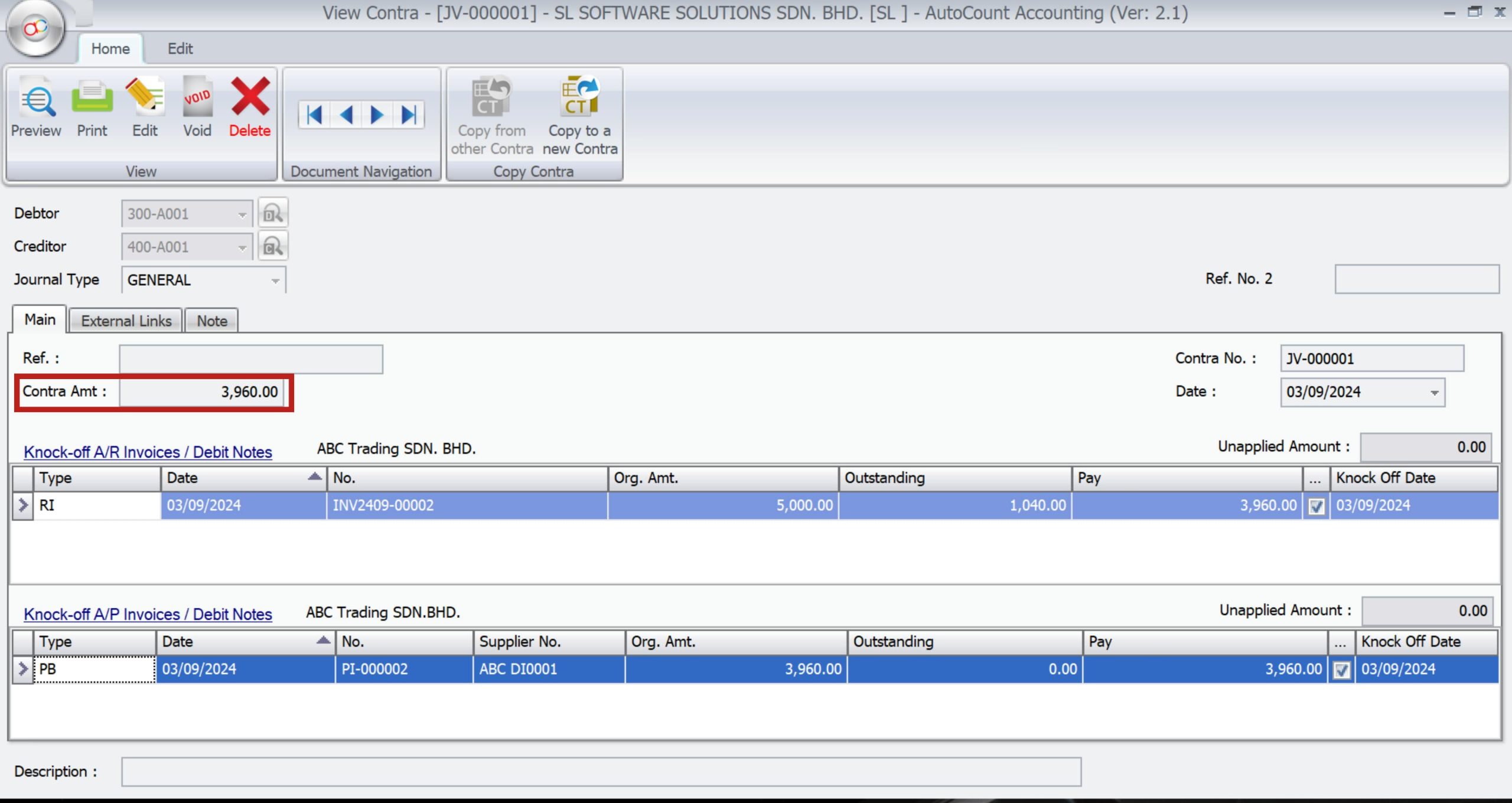 AutoCount Contra Account | Contra Amount