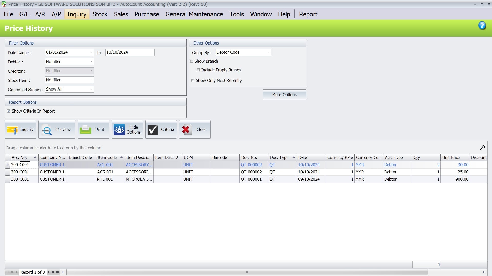 AutoCount Advanced Price History -Document Navigation