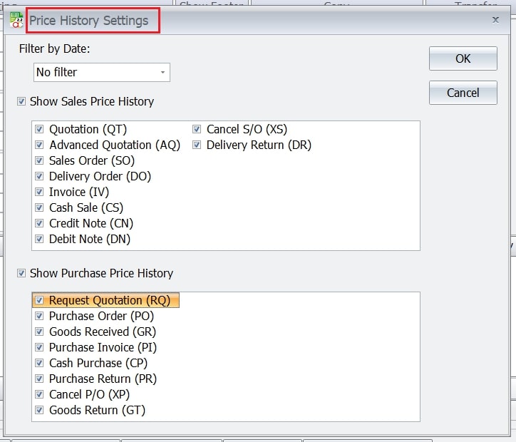 AutoCount Advanced Price History-Price History Settings Customization