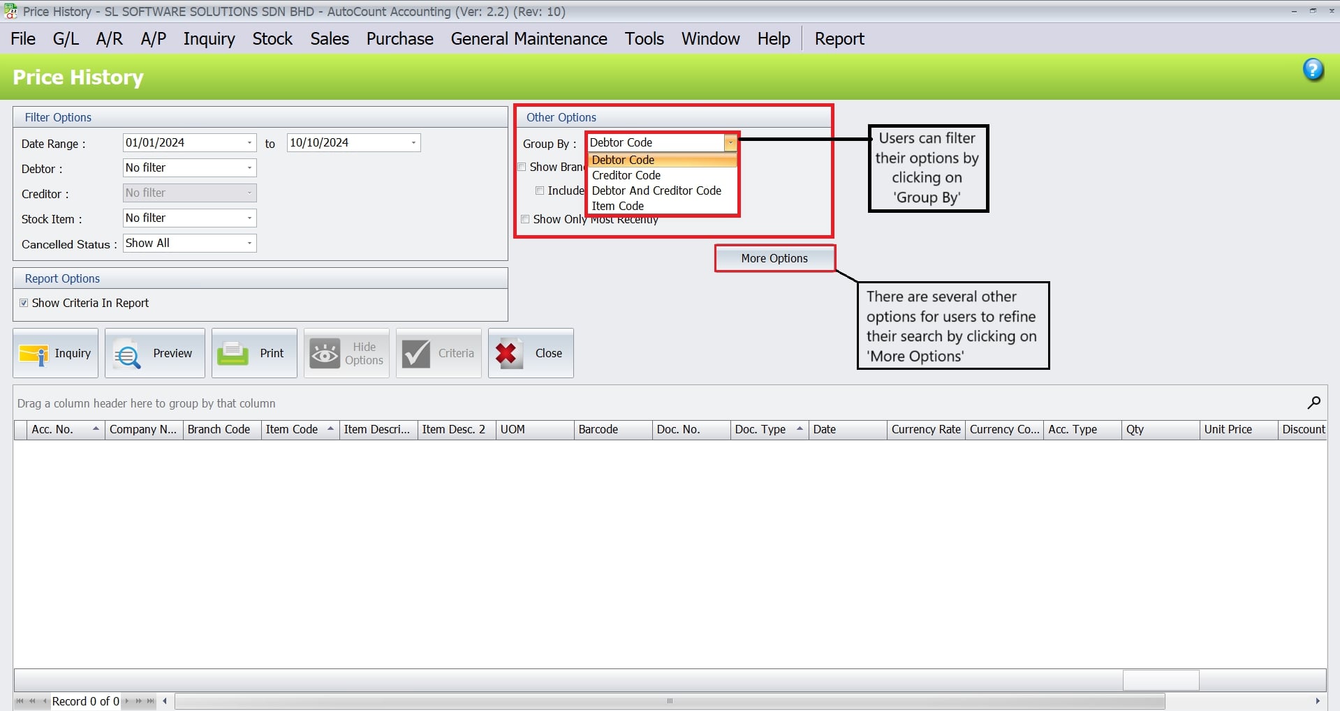AutoCount Advanced Price History - Search and Filter Options