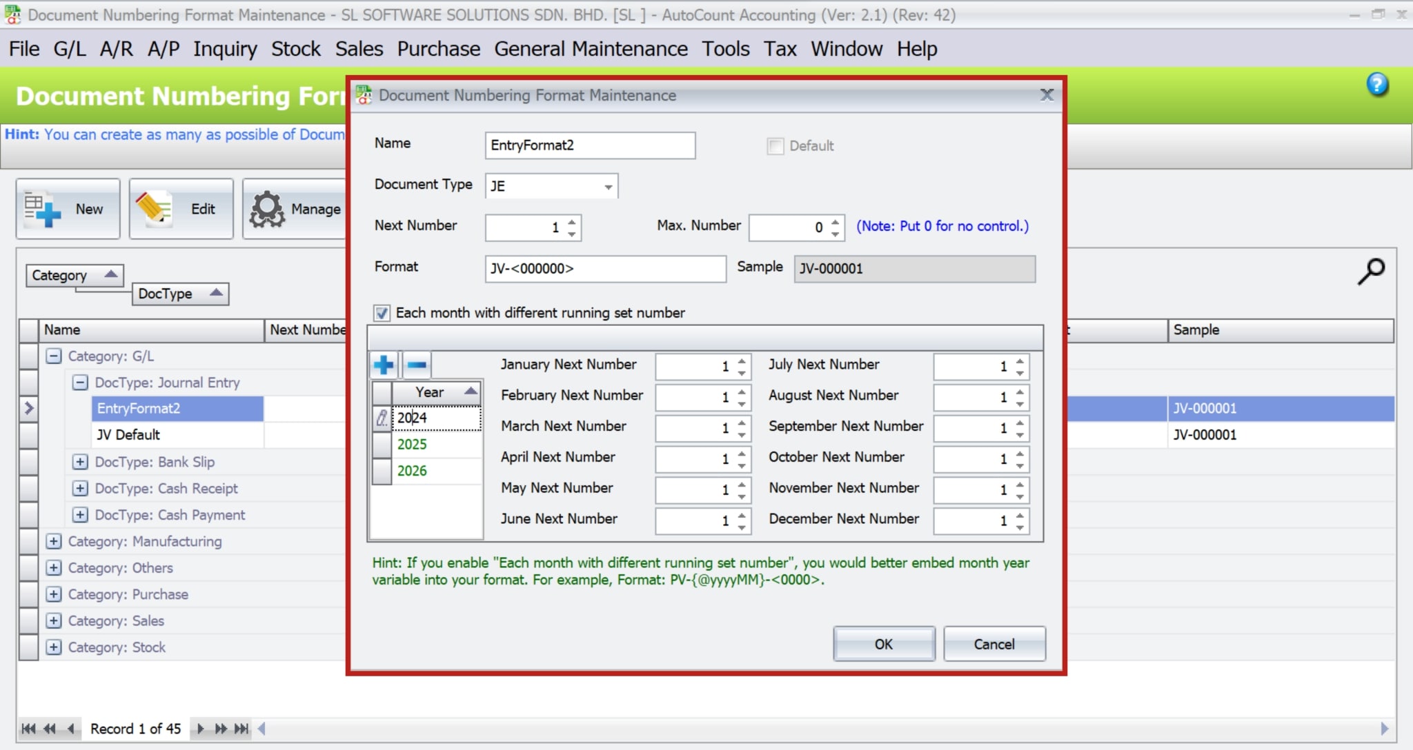 AutoCount Document Numbering | editing