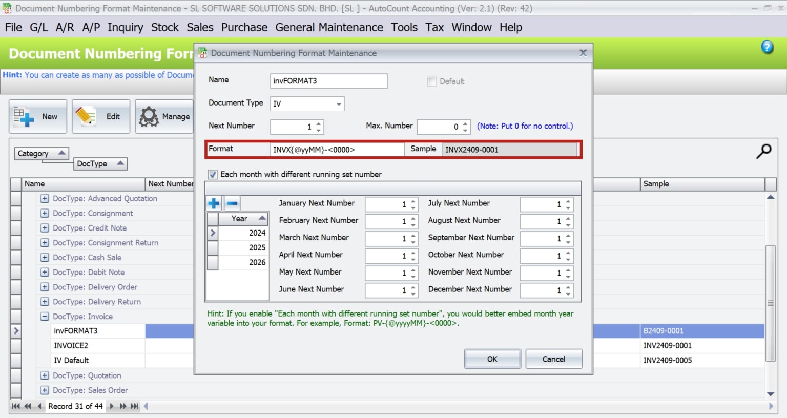 AutoCount Document Numbering | Free Format