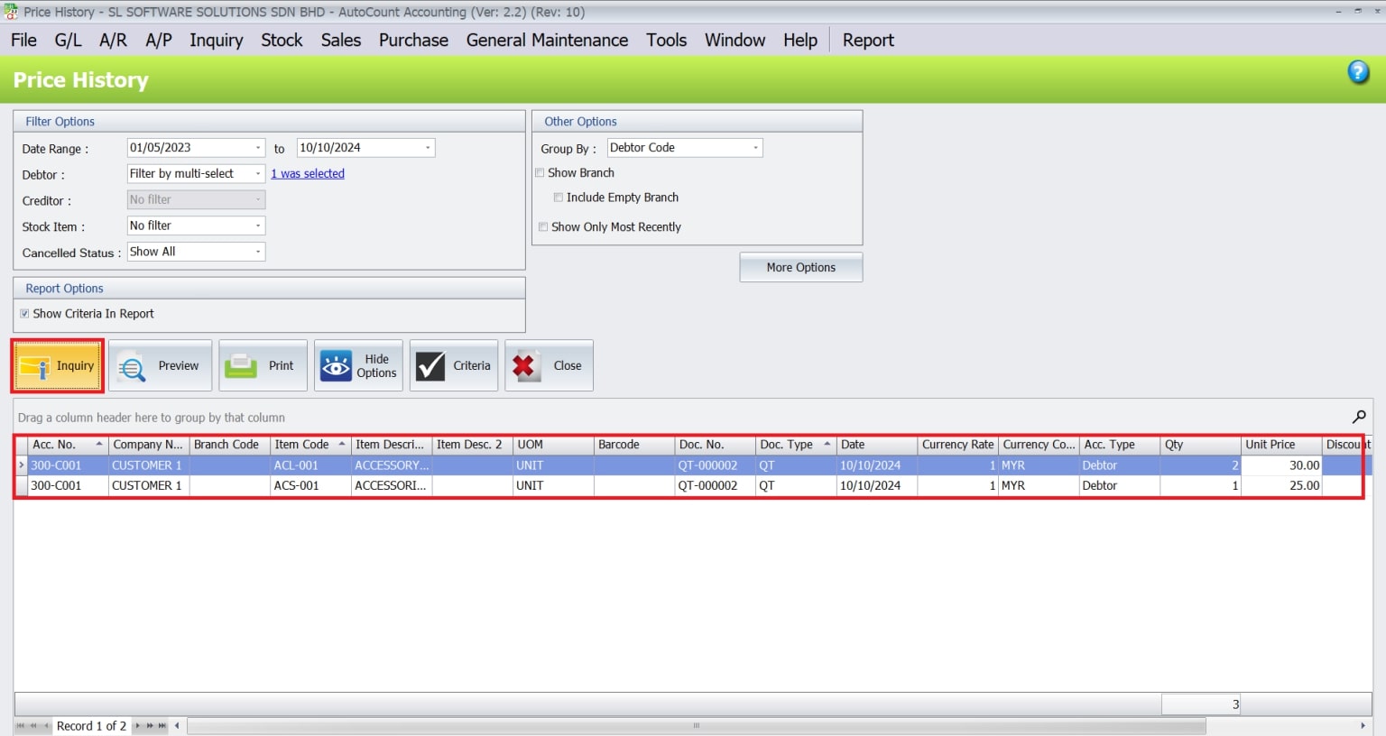 AutoCount advance Price History-Scenario Inquiry
