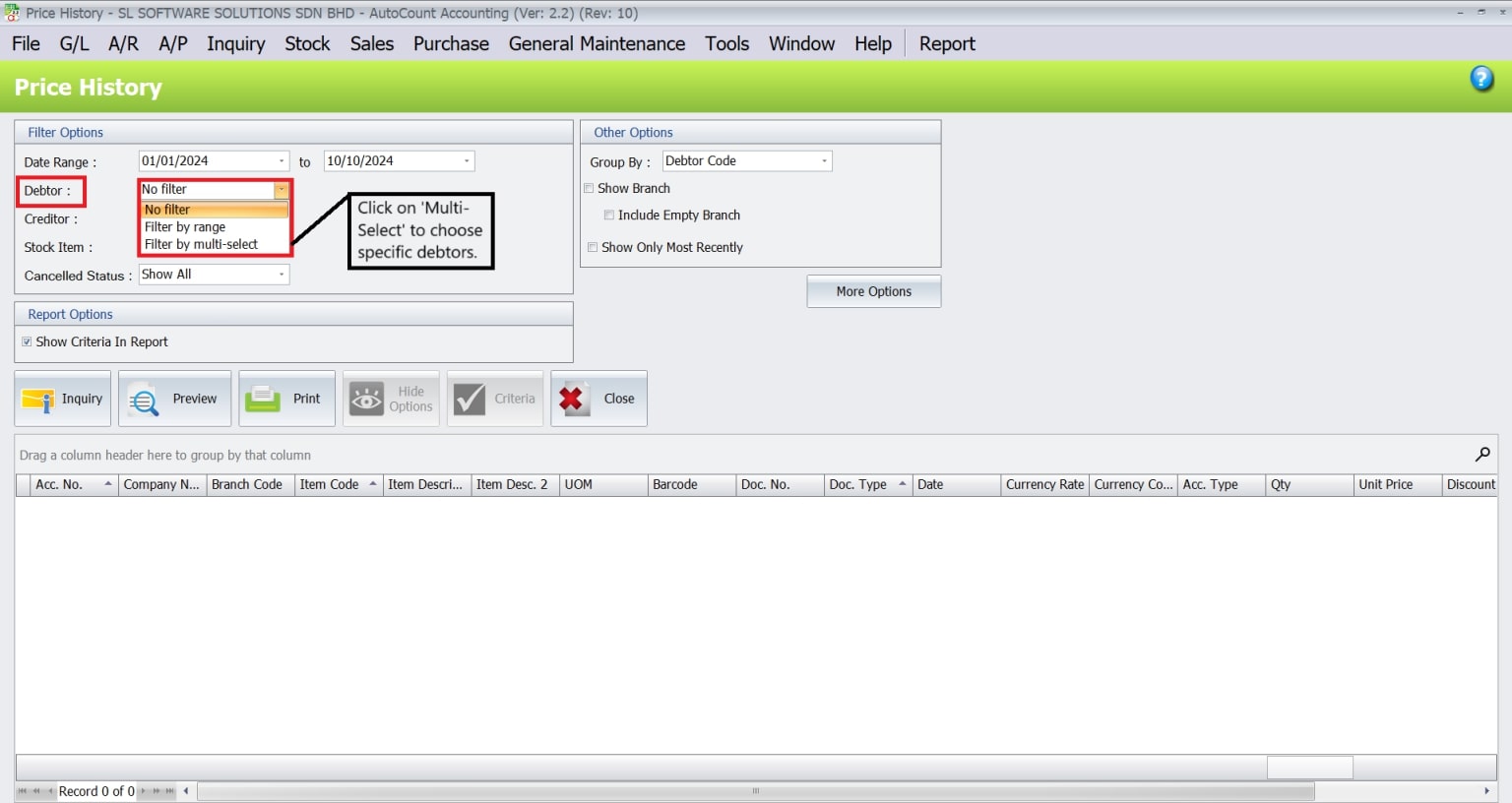 AutoCount Advance Price History-Scenario Select Customer from debtor list