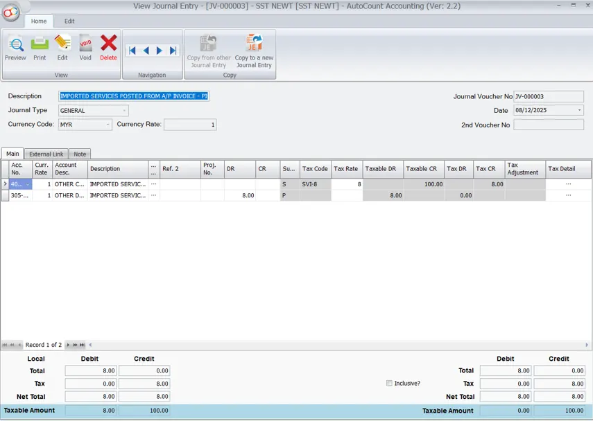 AutoCount sales and Service Tax: Imported service journal