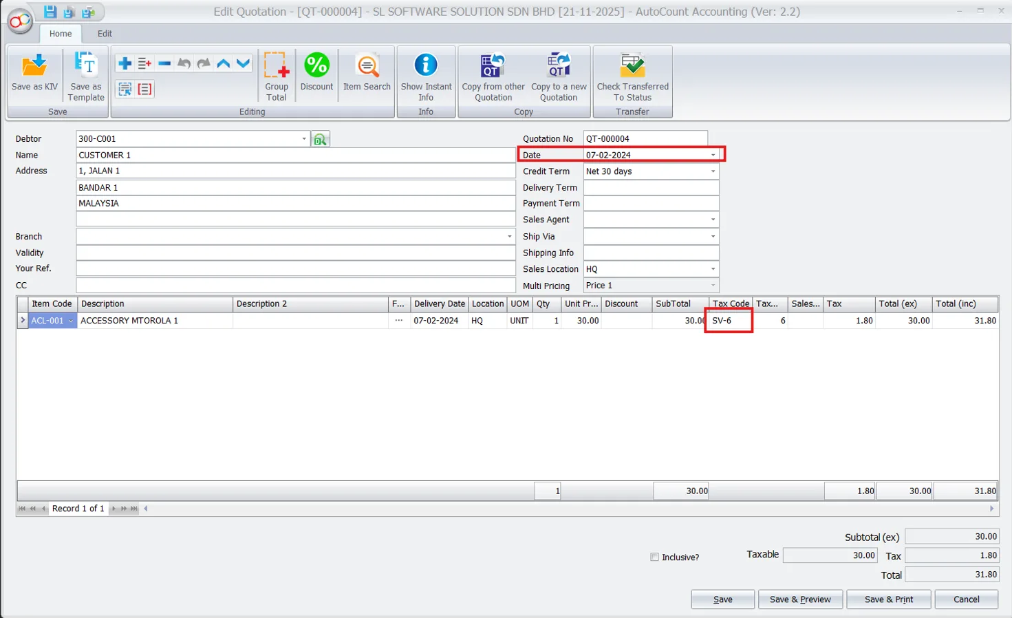 AutoCount sales and Service Tax: Transfer document change tax code