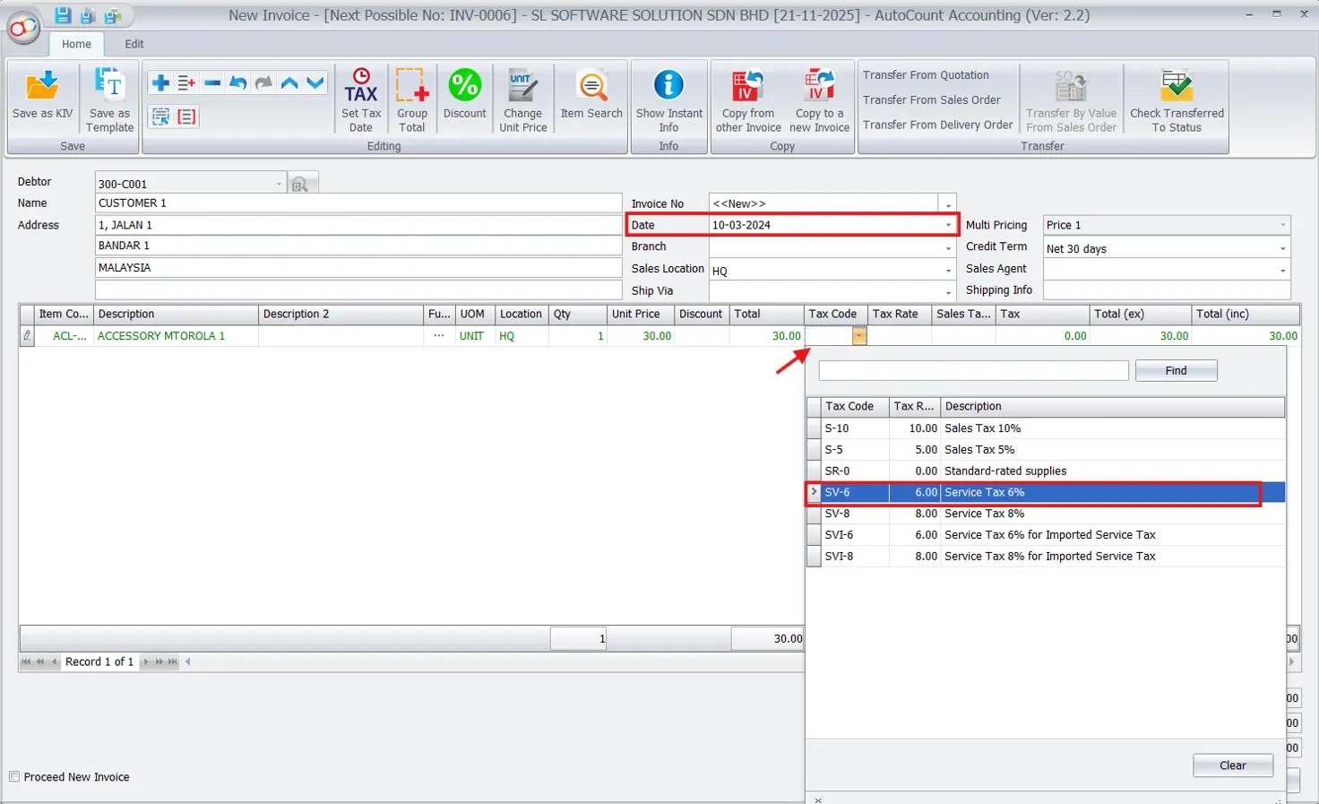 AutoCount sales and Service Tax: Transfer document change tax code 2