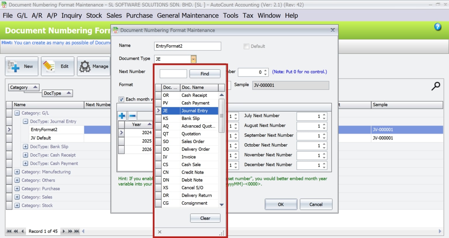 AutoCount Document Numbering | Doc Name & Codes