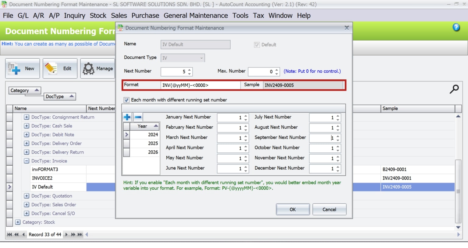 AutoCount Document Numbering | Standard Format