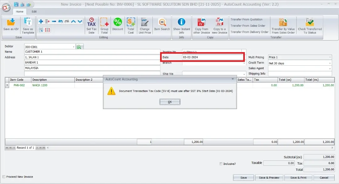 AutoCount sales and Service Tax: Tax code maintainance