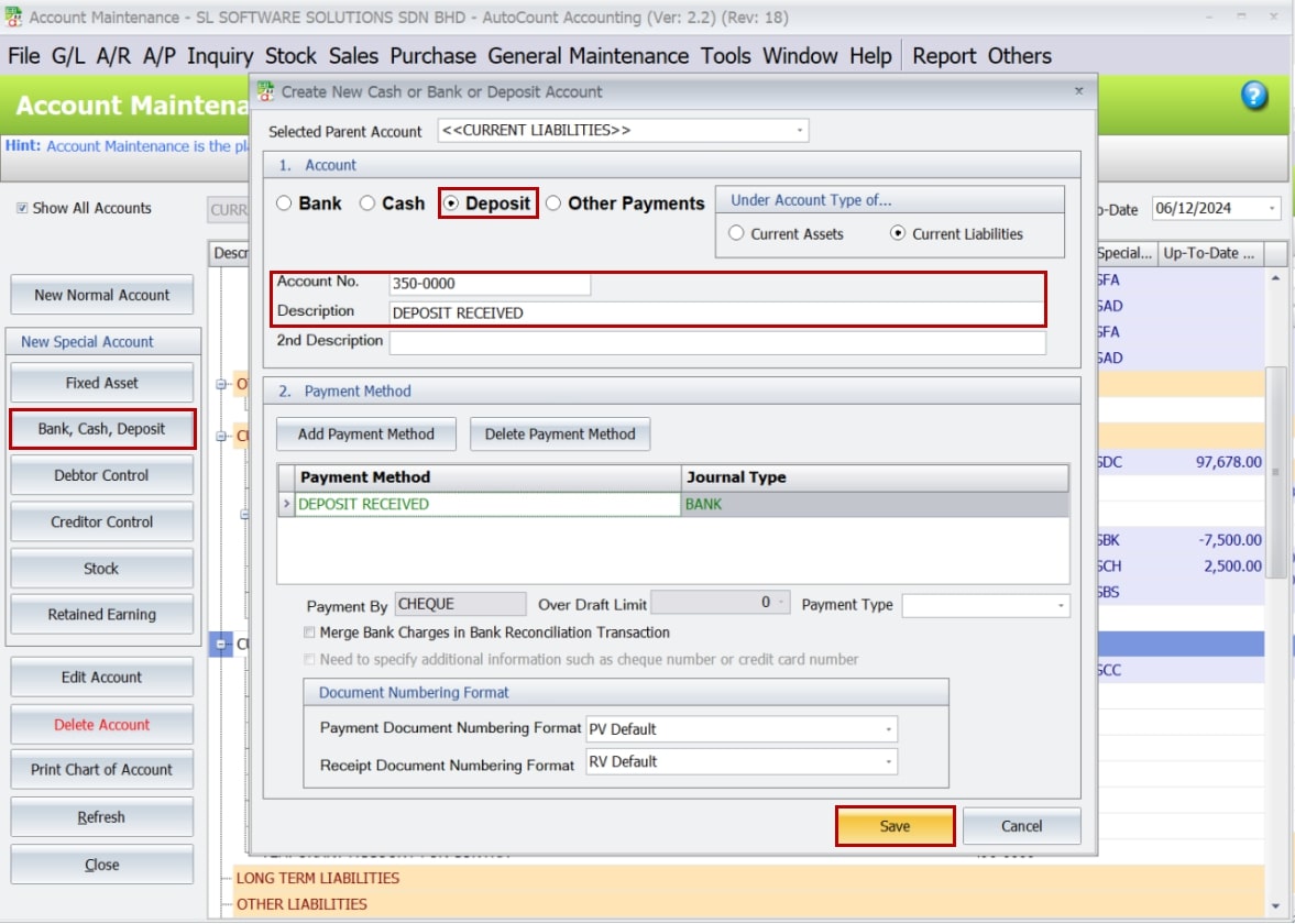 AutoCount Deposit | Deposit Account setup