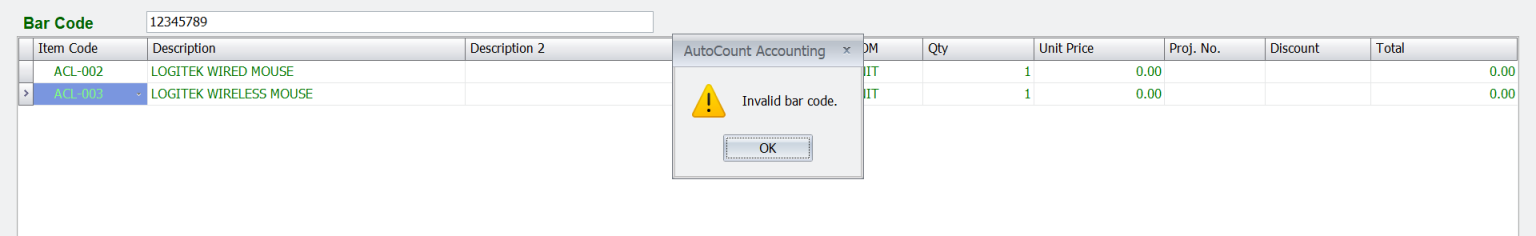 AutoCount Barcode Scanning-Handling Incorrect Barcode Entries