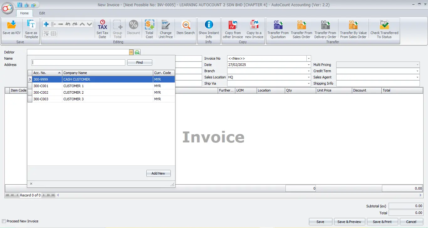 AutoCount Filter by Salesman Module: Creating document