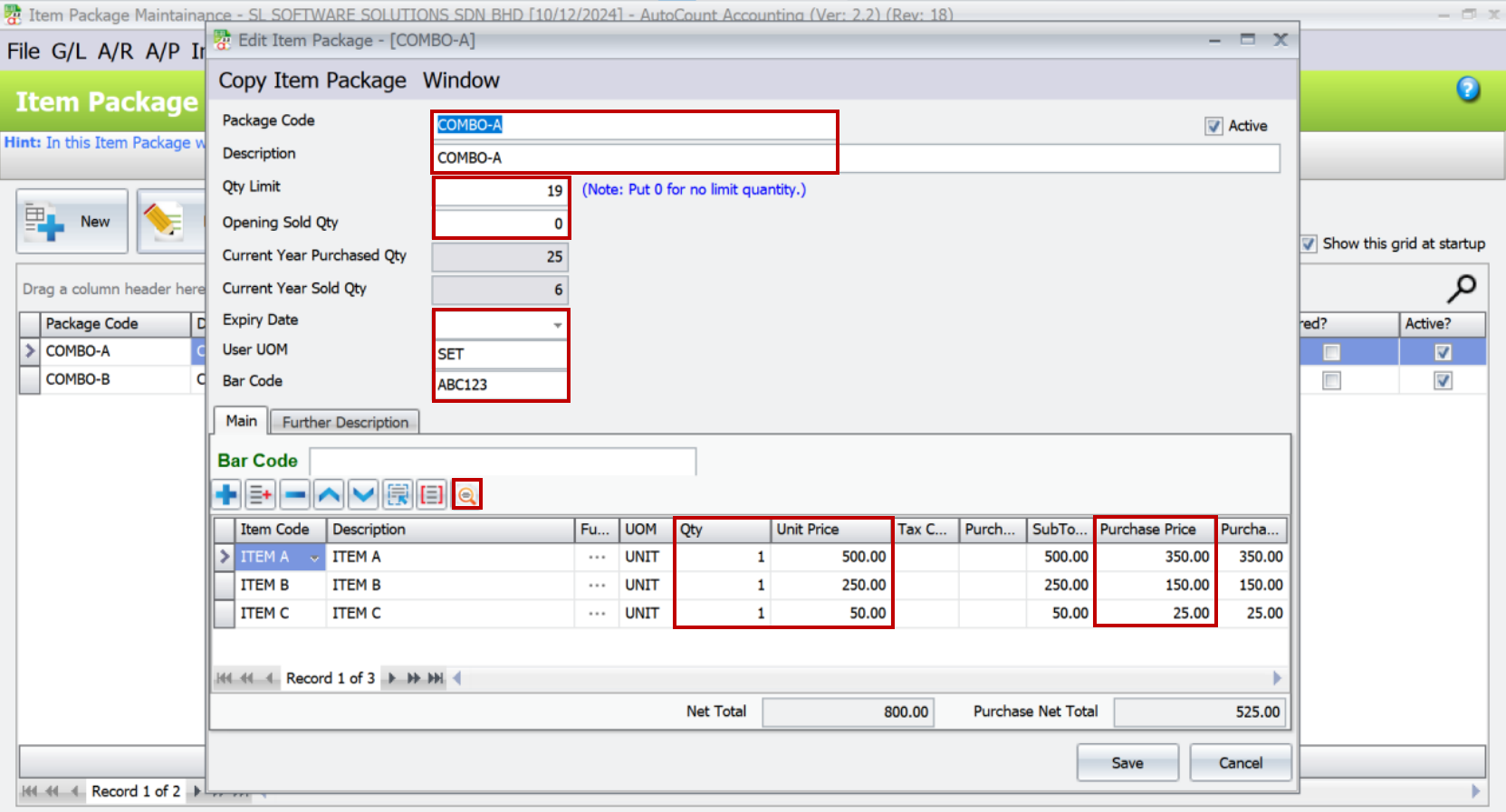 AutoCount Item Package Module: Creating or editing package
