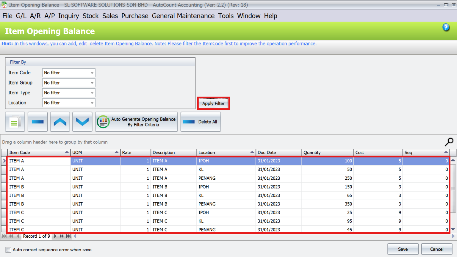 AutoCount Multi-Location Module: Using excel for bulk import 2