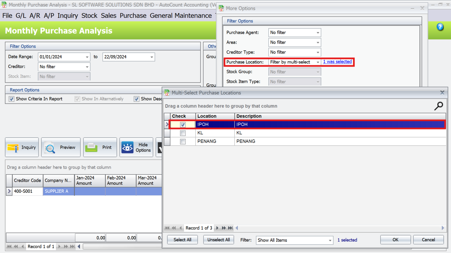 AutoCount Multi-Location Module: Filter by location