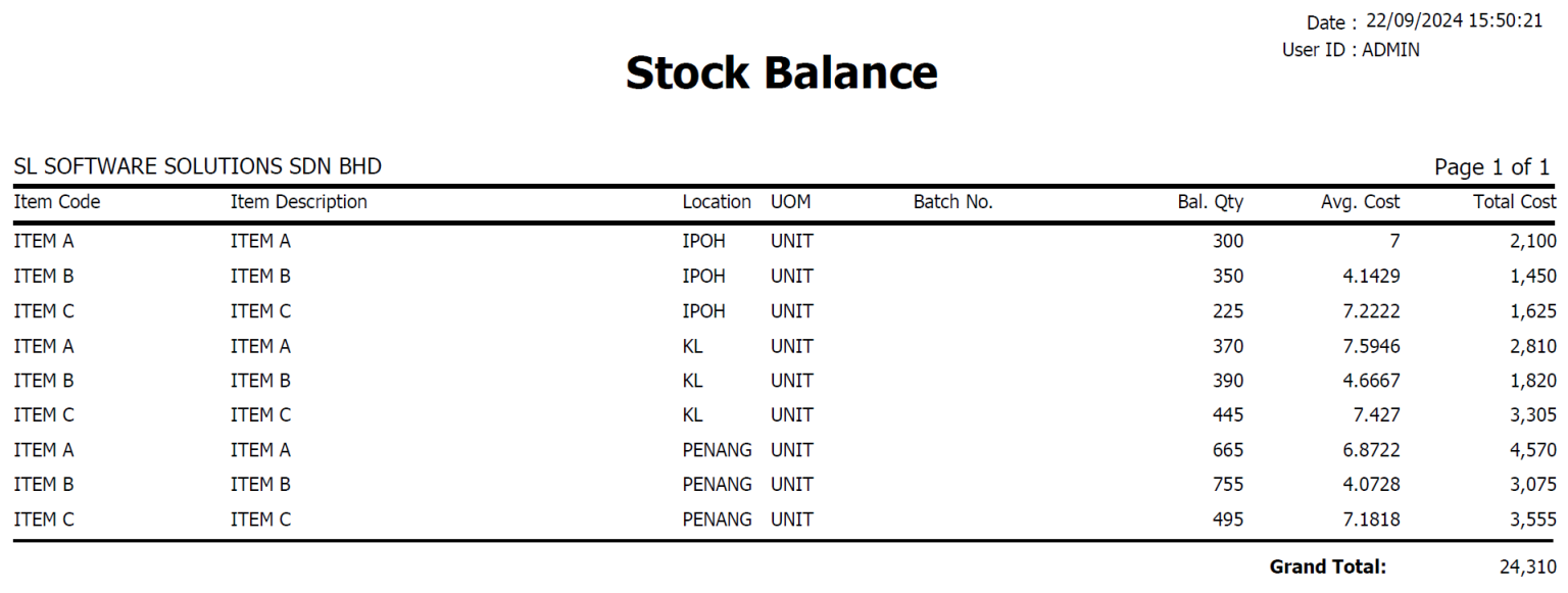 AutoCount Multi-Location Module: Stock balance report