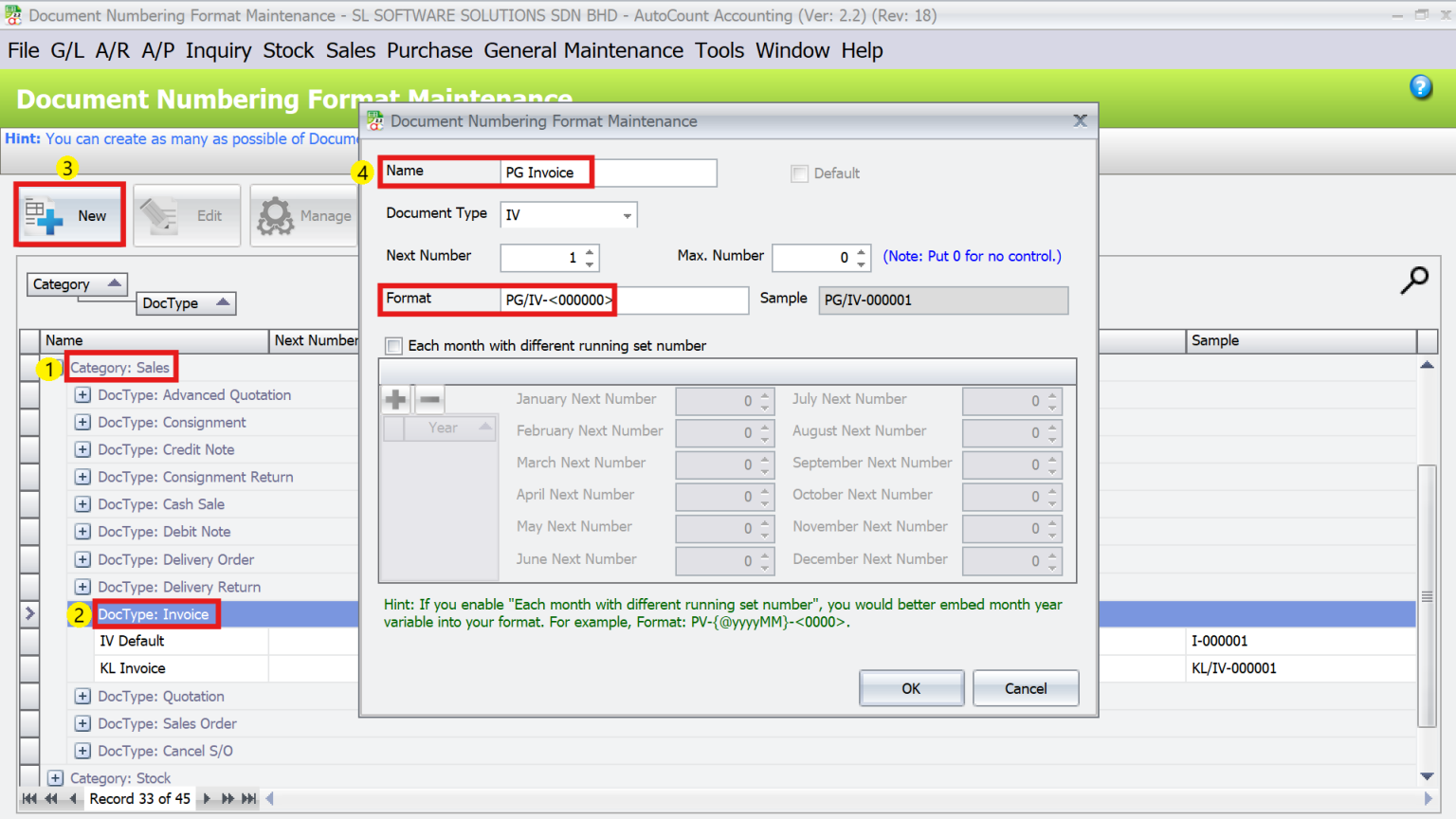 AutoCount Multi-Location Module: Document numbering format