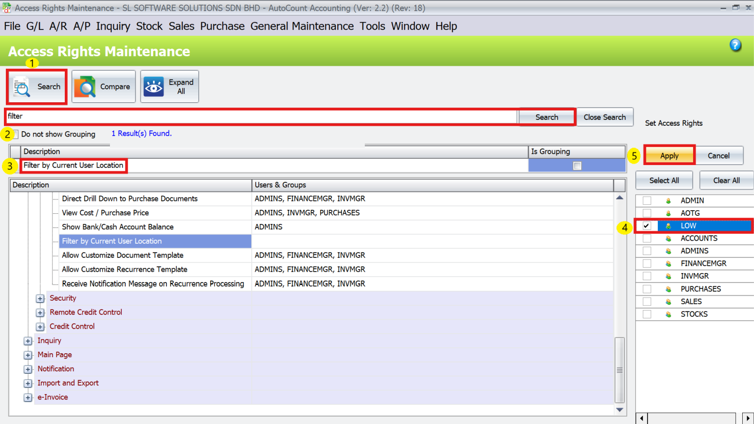 AutoCount Multi-Location Module: Assign access right