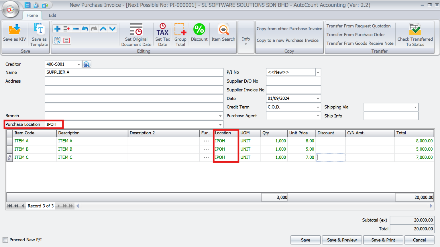 AutoCount Multi-Location Module: Purchase and sales management
