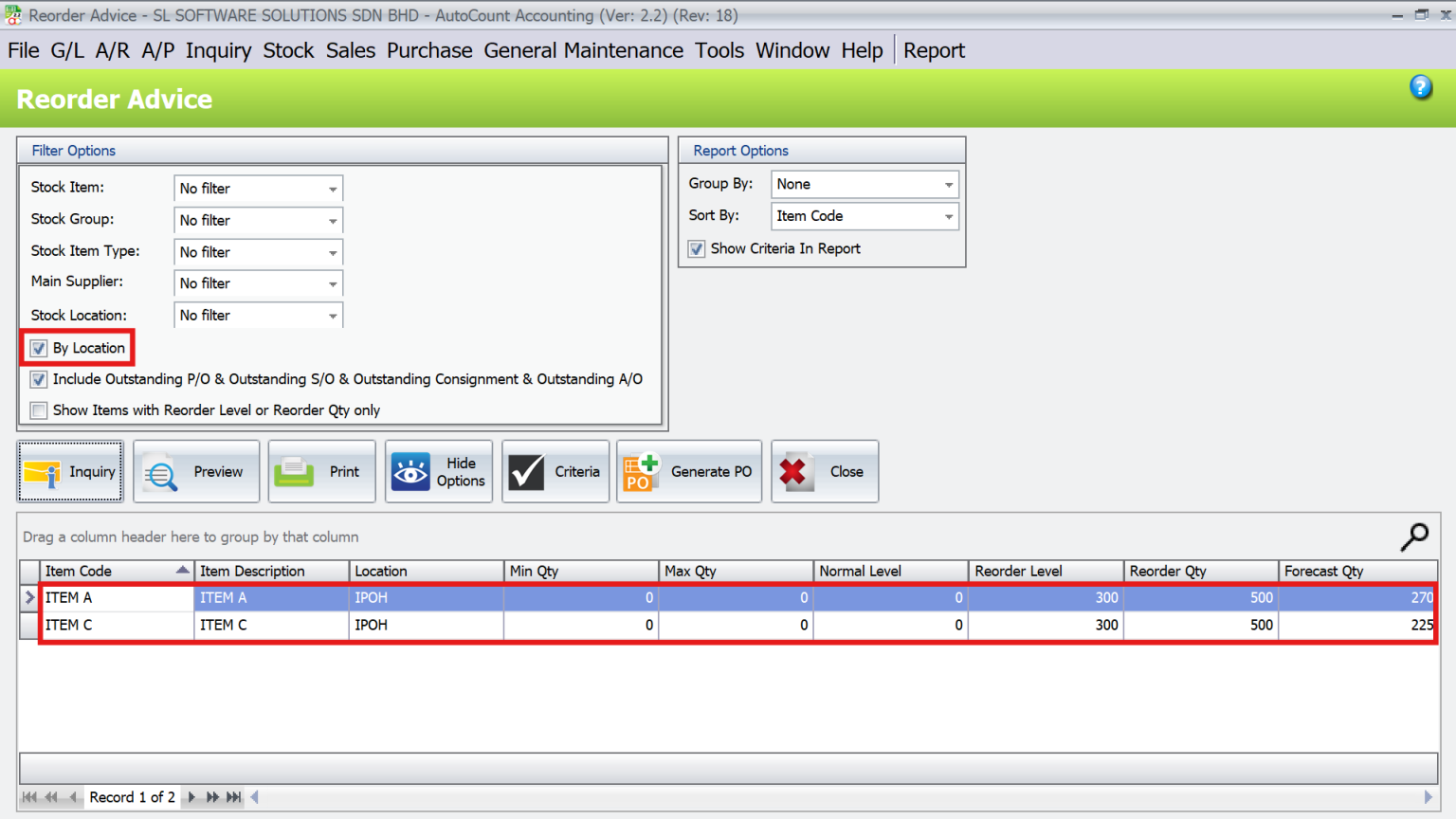 AutoCount Multi-Location Module: Generate reorder advice report