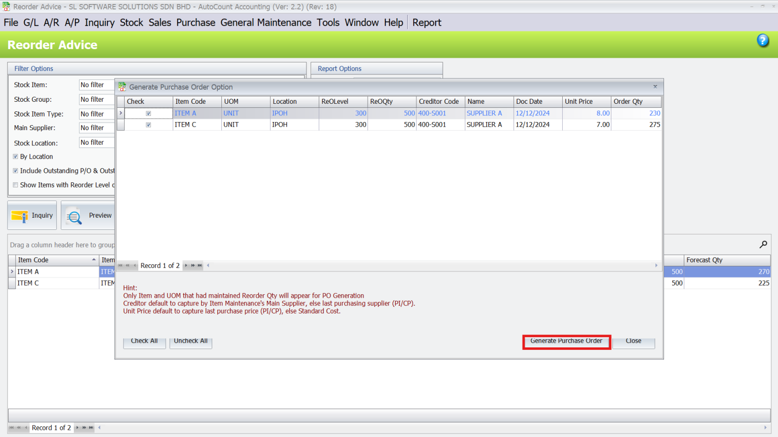AutoCount Multi-Location Module: Generate reorder advice report 2
