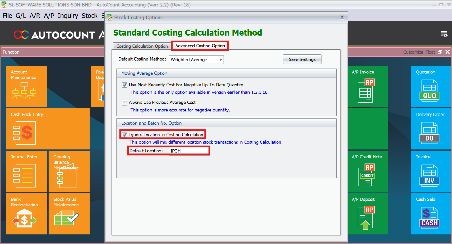 AutoCount Multi-Location Module: Recalculate stock costing