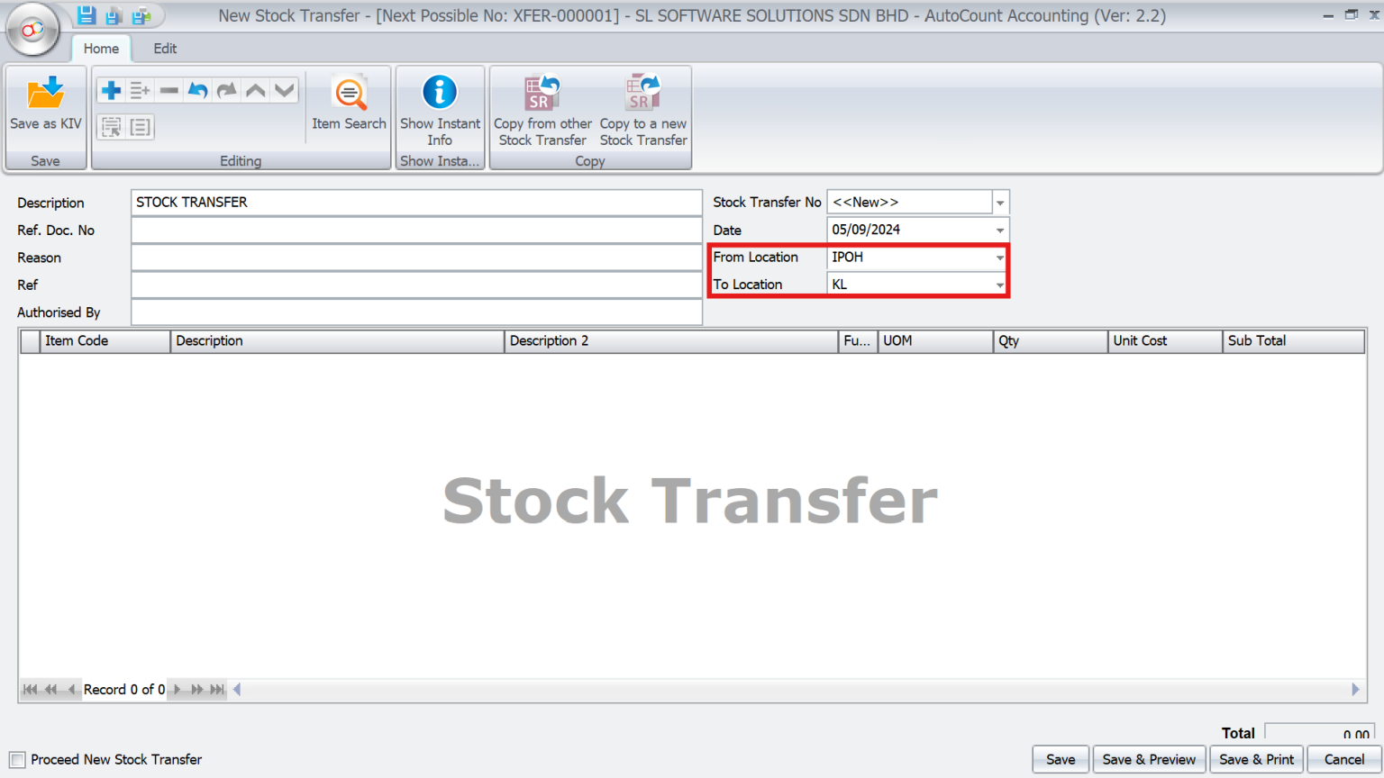 Autocount Multi-location feature displaying the Stock Transfer screen, where the user selects the From Location (e.g., Ipoh) and To Location (e.g., KL) for transferring stock."