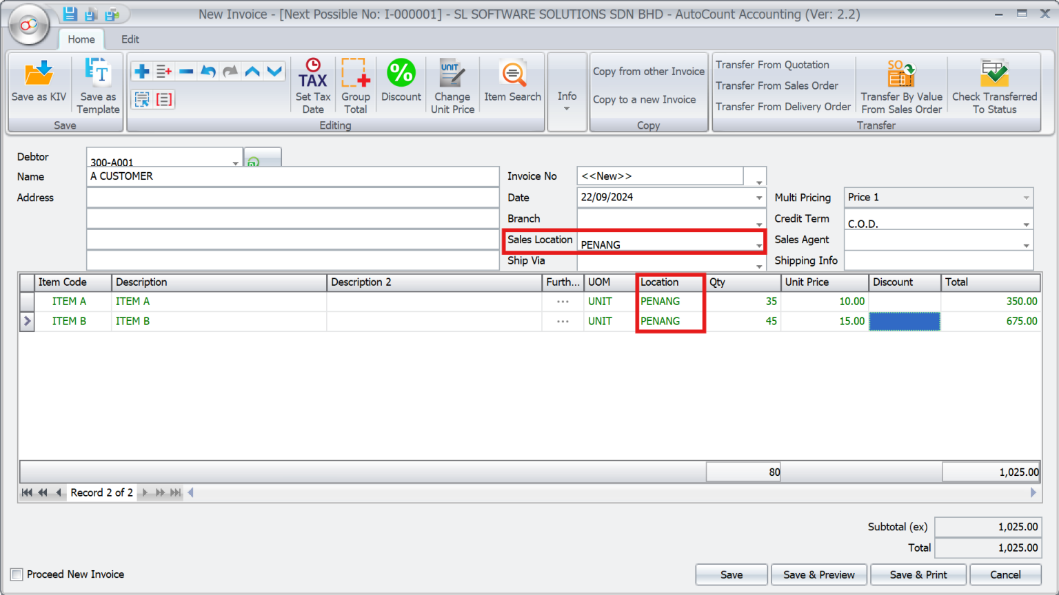 AutoCount Multi-Location Module: Sales document data entry