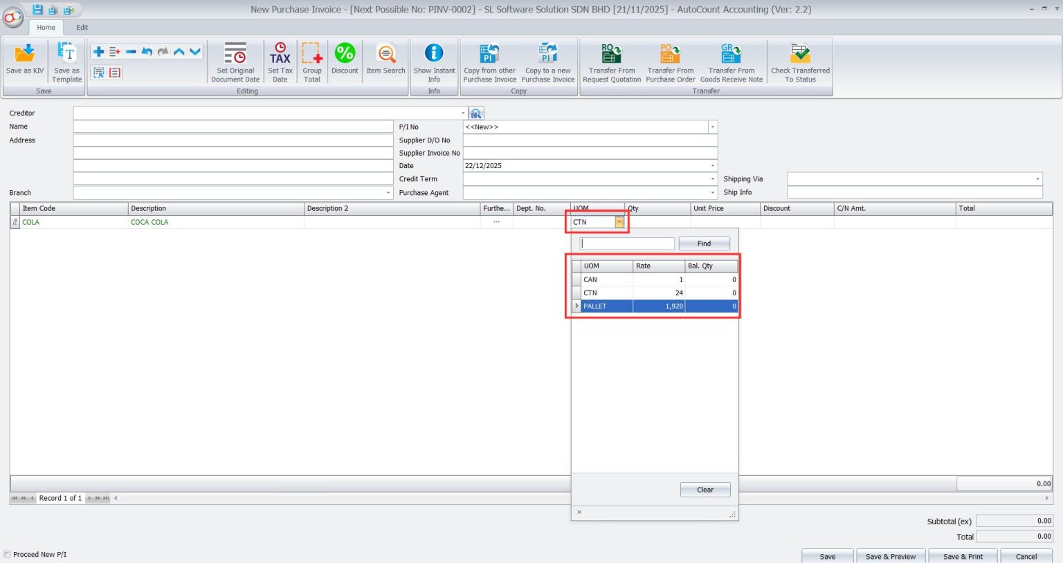 AutoCount Basic Multi-UOM: Test item in purchase 4