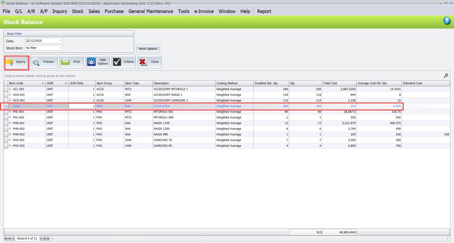 AutoCount Basic Multi-UOM: Stock balance report
