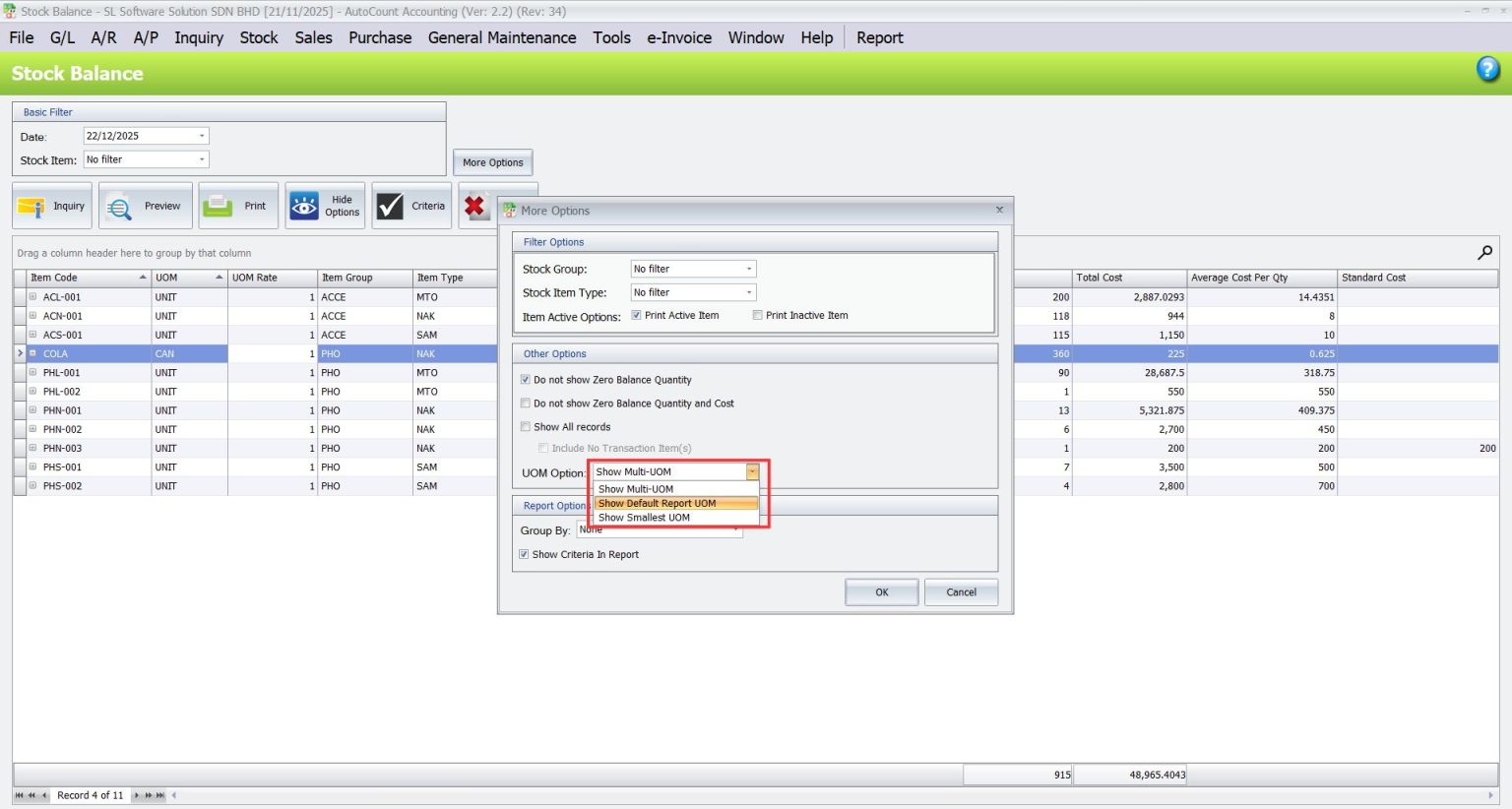 AutoCount Basic Multi-UOM: Stock balance report 2