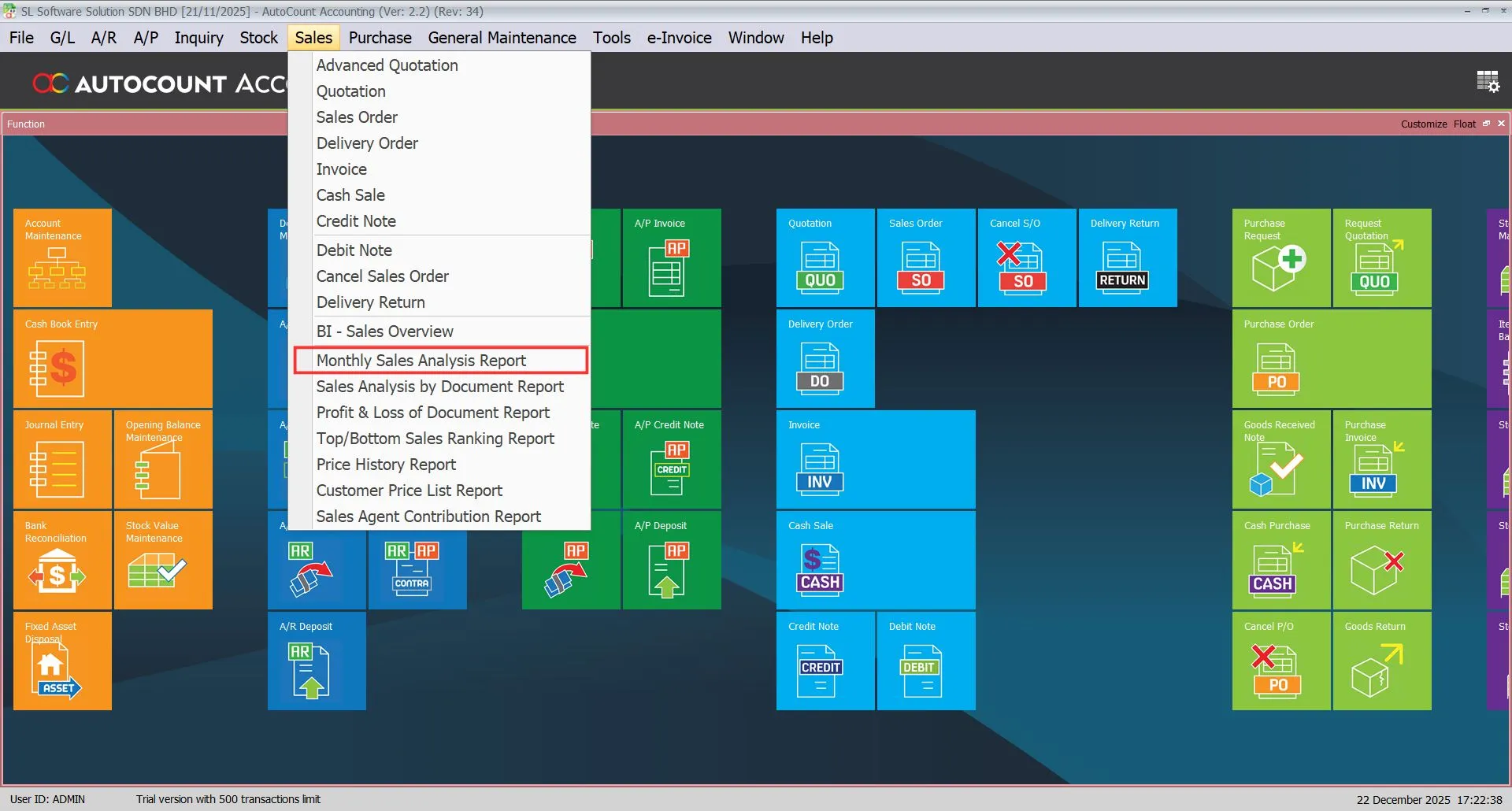 AutoCount Filter by Salesman Module: Monthly Sales analysis report