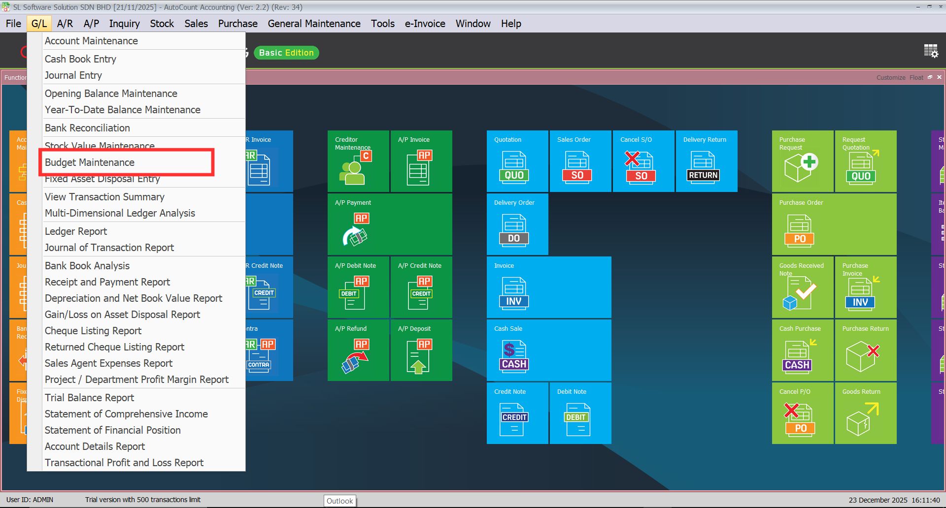 AutoCount Budget Module: Budget maintainance