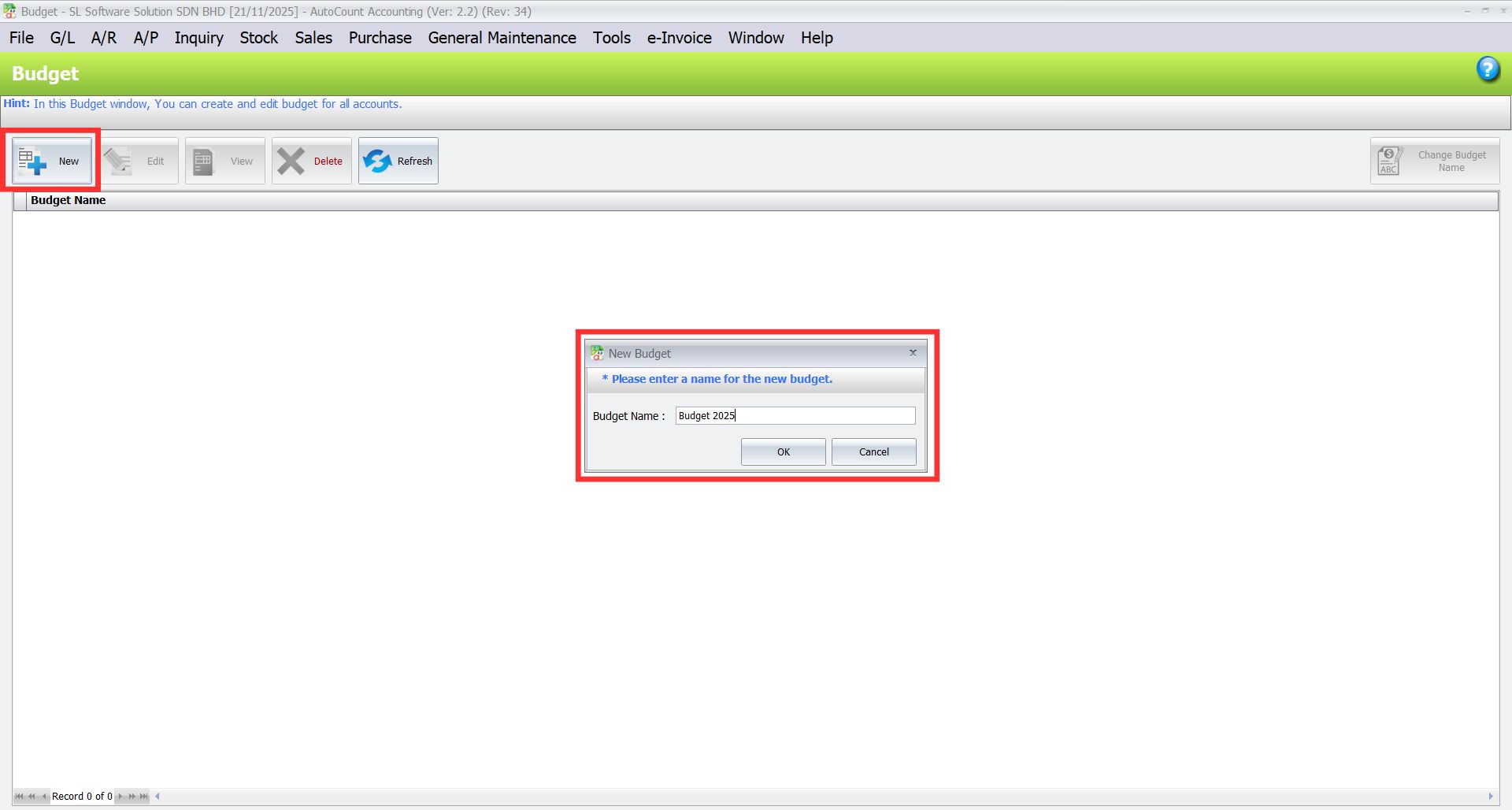 AutoCount Budget Module: Create new budget