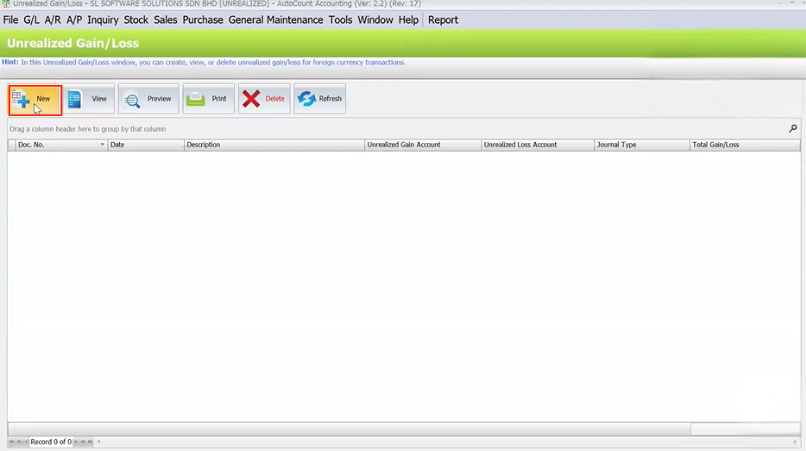AutoCount Unrealized Gain/Loss window for foreign currency transactions