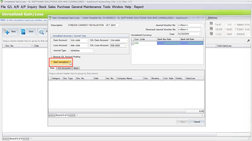 AutoCount Unrealized Gain/Loss foreign currency revaluation