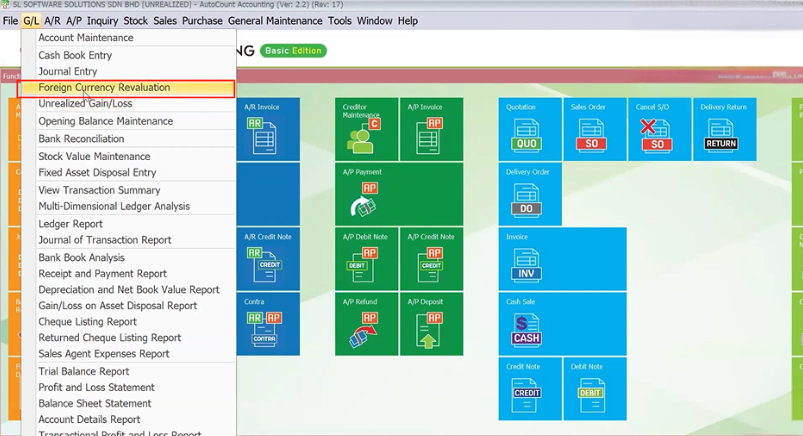 AutoCount Accounting Software - Foreign Currency Revaluation menu