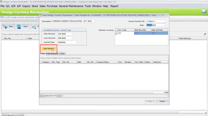 AutoCount Foreign Currency Revaluation start process