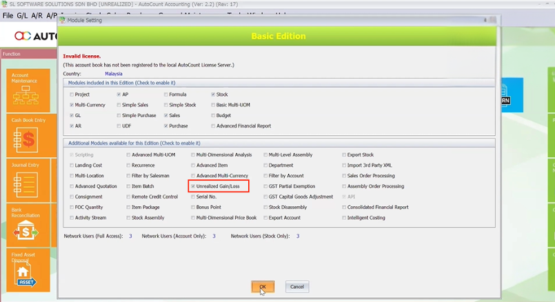 AutoCount Module Settings - Unrealized Gain/Loss option