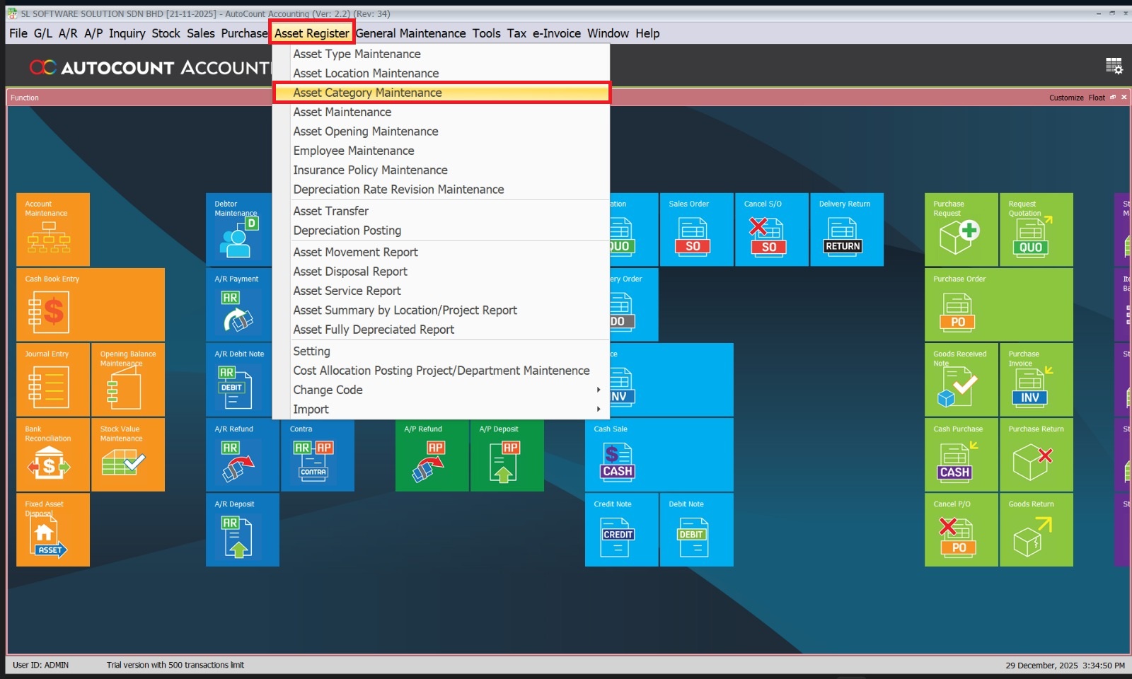 Navigate to Asset Category Maintenance