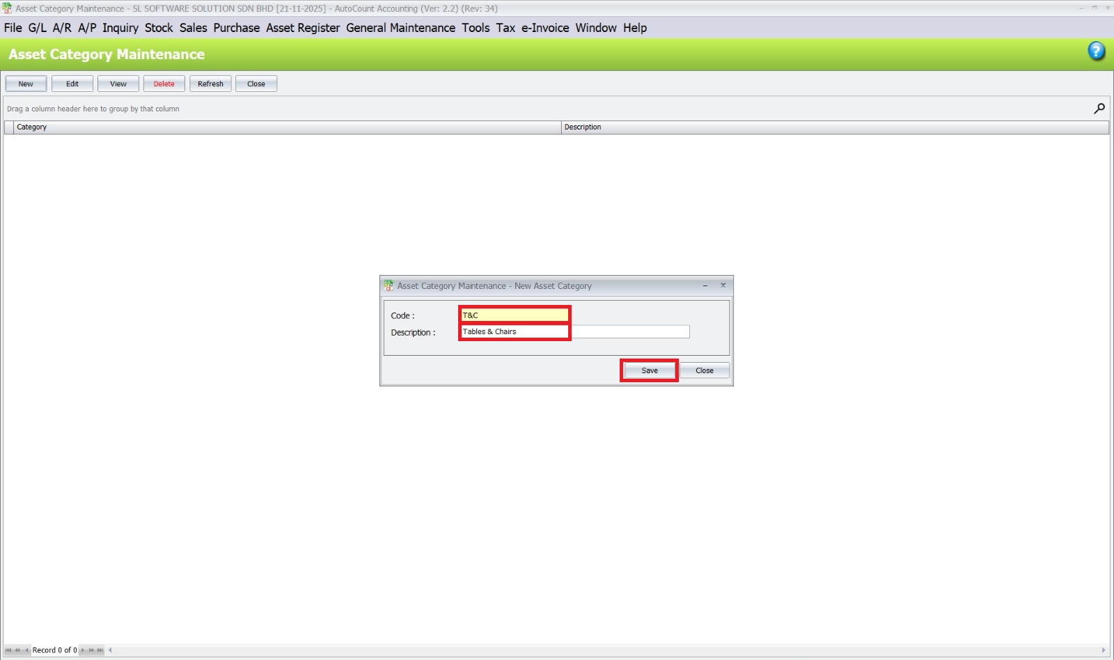 Save the Asset Category