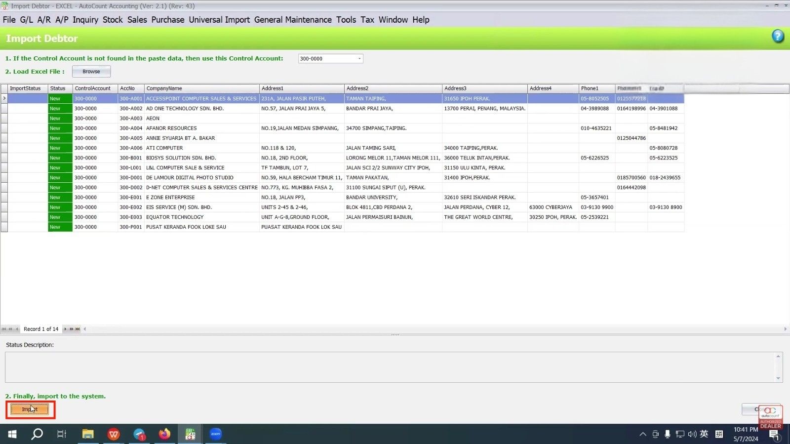 Import debtor data into AutoCount Accounting from Excel