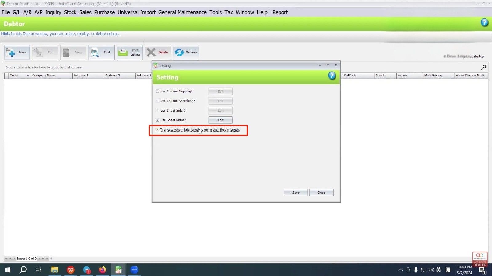 Enable truncate option in AutoCount Universal Import settings