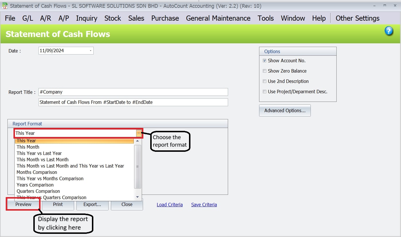 AutoCount Advanced Financial Report Module: View cash flow statement