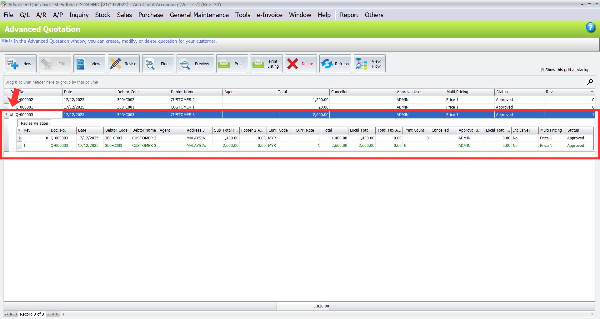 AutoCount Advanced Quotation Module: Revision control 3