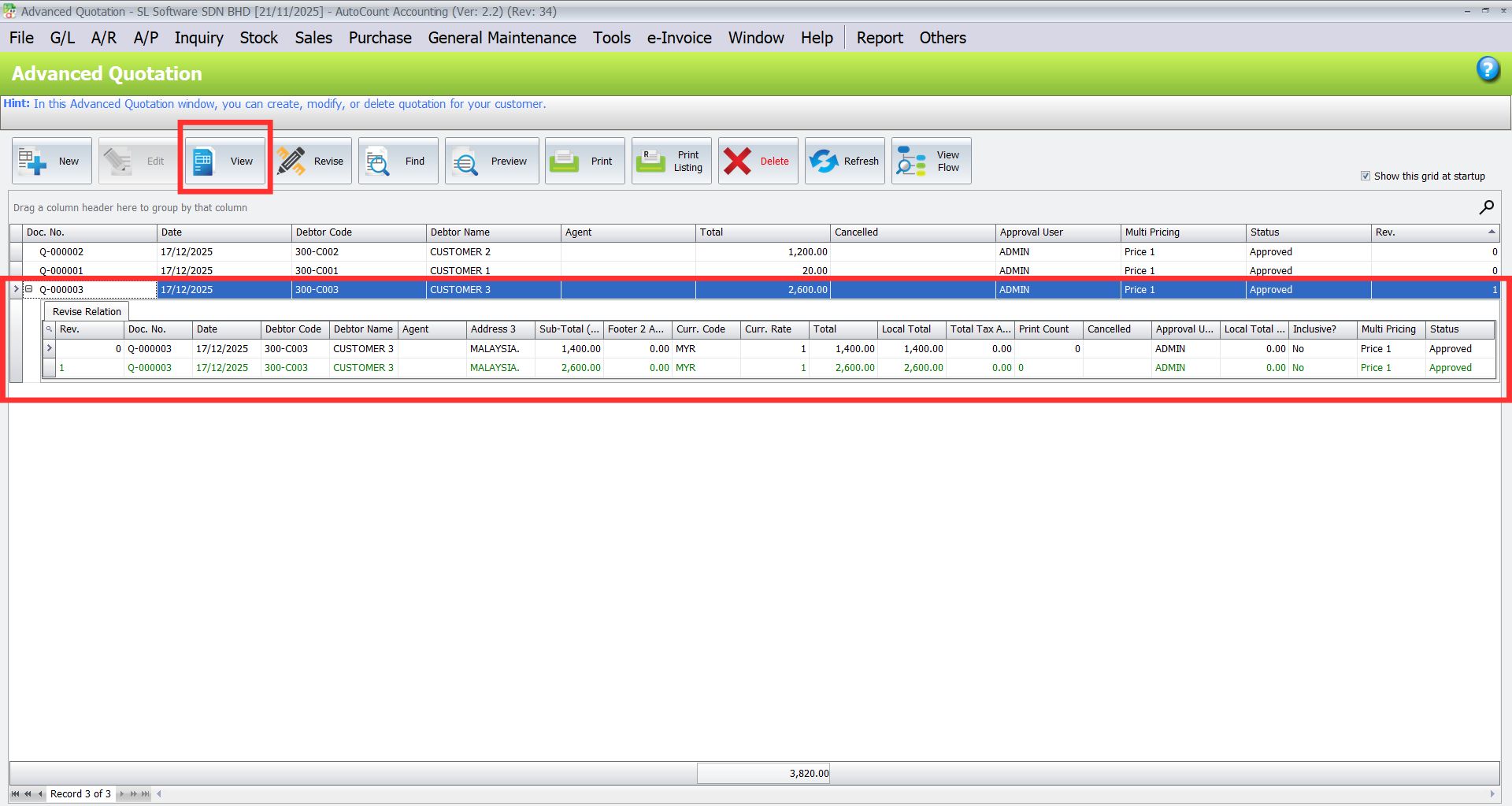 AutoCount Advanced Quotation Module: Approve Advanced Quotation