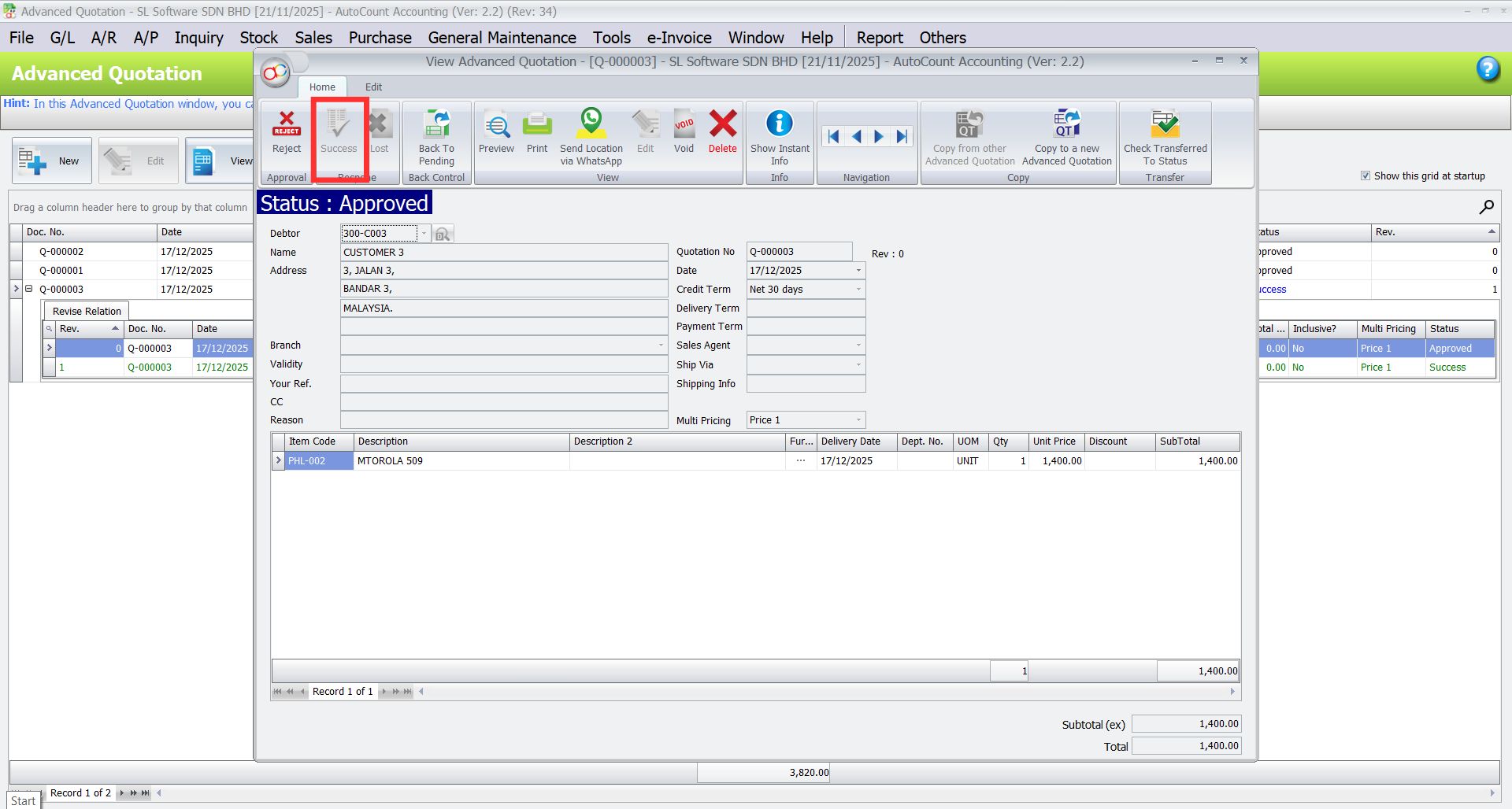 AutoCount Advanced Quotation Module: Approve Advanced Quotation 2