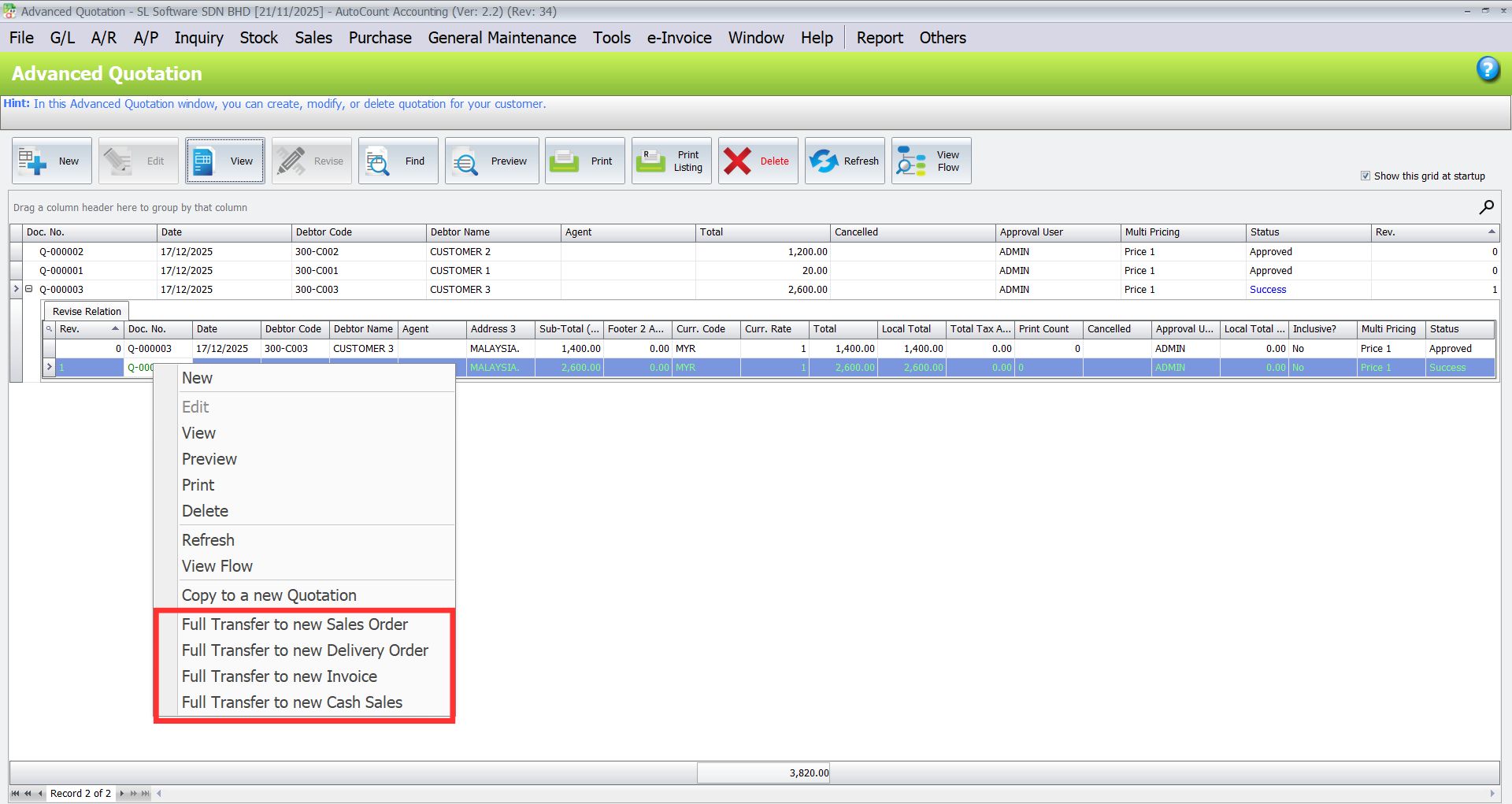 AutoCount Advanced Quotation Module: Transfer to Sales Order